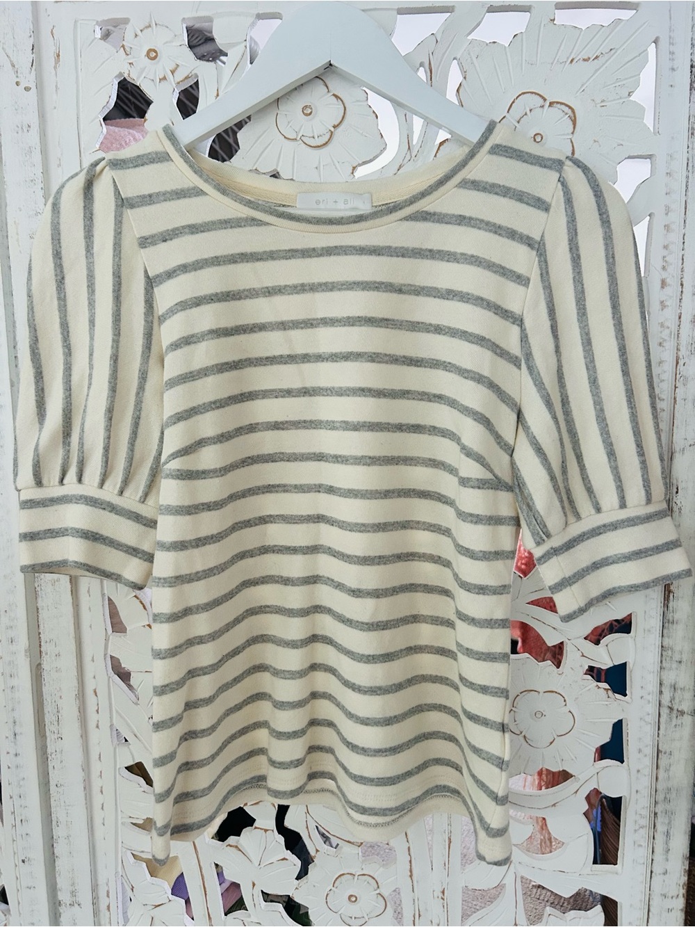 Anthropologie Eri + Ali Striped Knit Top in Cream and Gray